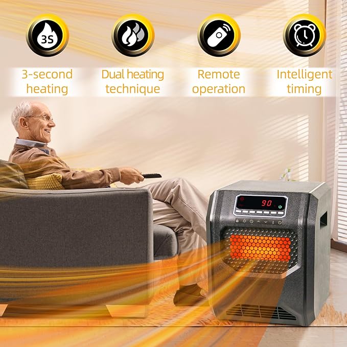 Quartz Space Heater for Indoor Use RealSmart 1500W Electric Heater Remote Control Infrared Heater Office Large Room 3 Heating Modes LED Display Overheat Tip Over Protection