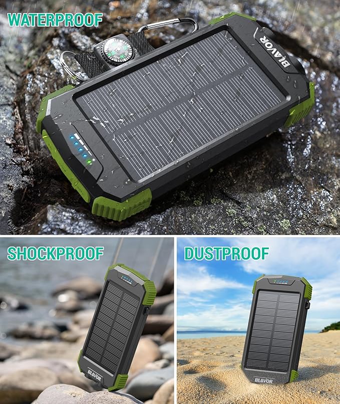 BLAVOR Solar Power Bank 10,000mAh, Portable Wireless Charger, 20W Fast Charging External Battery Pack with USB C for Cell Phones, Solar Panel Charger with Dual Flashlight for Camping