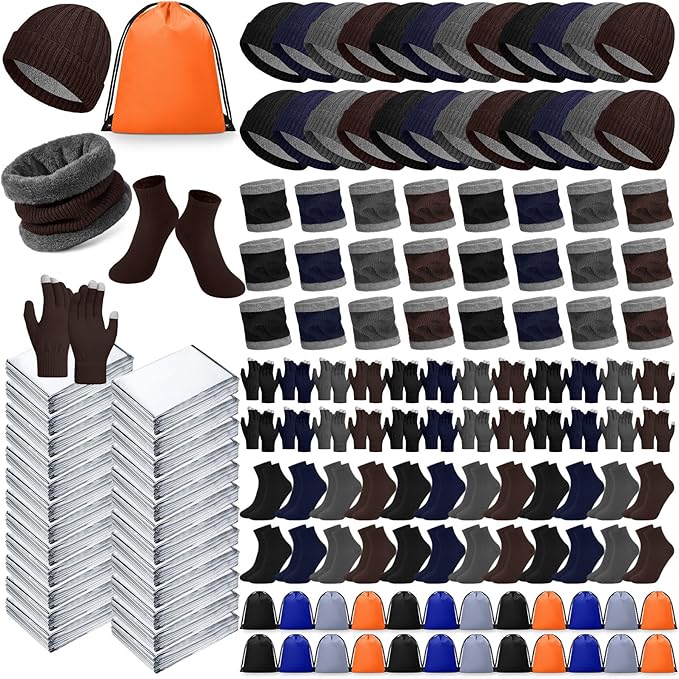 168 Pack Homeless Care Package Supplies Bulk Care Kit for Winter Beanie Gloves Sock Drawstring Bags Blankets for Women Men Gift (Silver)