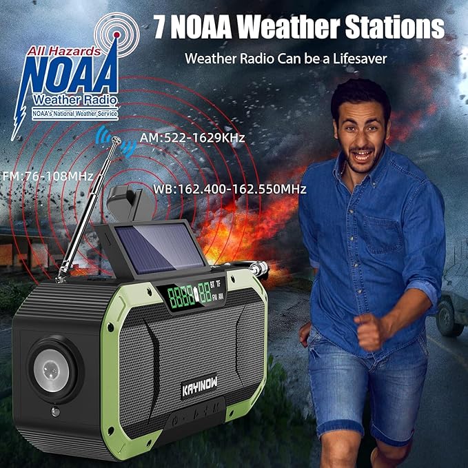 Hand Crank Solar Power Emergency Radio with Waterproof Bluetooth Speaker,Portable AM FM NOAA Weather Radio,5000mAh Rechargeable Battery Operated,Phone Charger,Flashlight,SOS,Survival Storm Camping