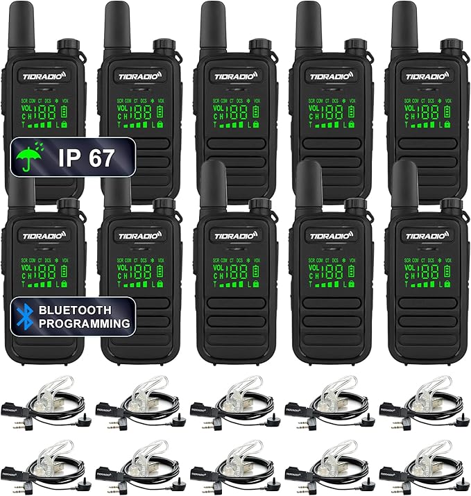 TIDRADIO TD-M11 Waterproof Walkie Talkies Long Range Two Way Radio with Earpice,LED Display,NOAA Weather Receiver,APP Programmable,Mini Walkie-Talkie for Team Work,Restaurant,Business,School-10Pack