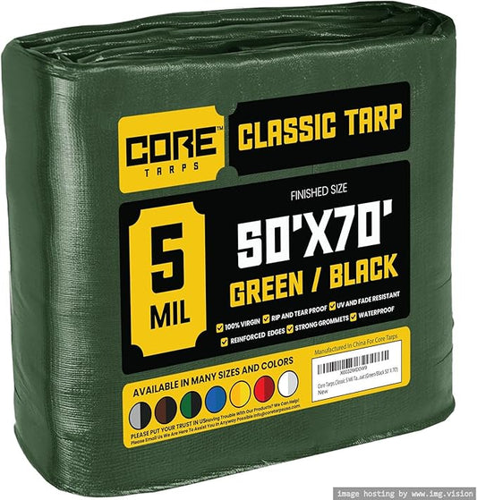 Core Tarps Classic 5 Mil Tarp Cover, Waterproof, UV Resistant, Rip and Tear Proof, Poly Tarpaulin with Reinforced Edges for Roof, Camping, Patio, Pool Cover, Boat (Green/Black 50′ X 70′)