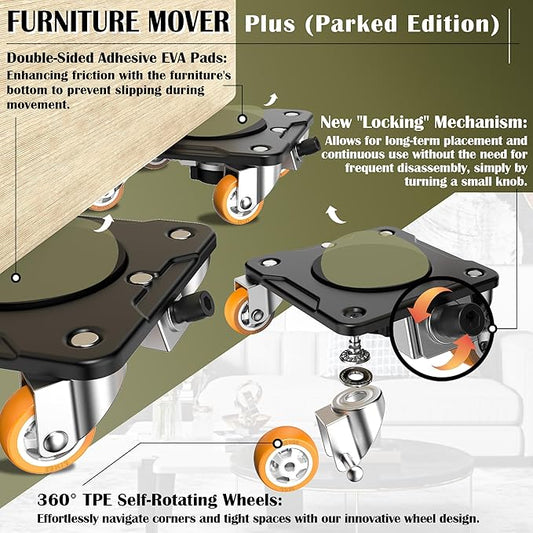 ONEON Furniture Mover Plus Parked Edition with Furniture Lifter, Periodic Moving Needs, Parking Lock Design, Lock Dollies for Long-Term Stability of Heavy Items, No Frequent Setup & Removal