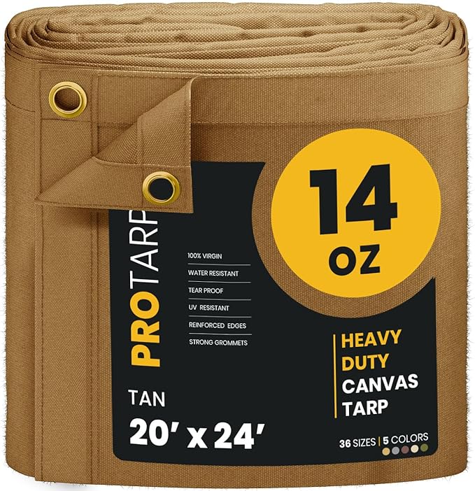 PROTARP Heavy Duty 14 OZ Water Resistant Canvas Tarp, UV Resistant Tarpaulin Cover with Rustproof Brass Grommets, Multipurpose for Canopy, Roof, Camping, Woodpile (Tan 20'X24')