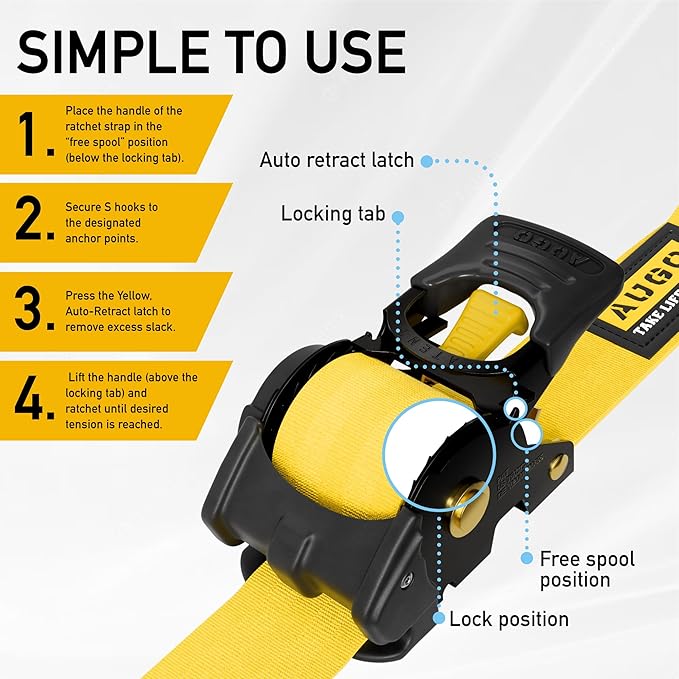 AUGO Retractable Ratchet Straps | 2 Heavy Duty Ratchet Straps Self Retractable Tie Downs with Soft Loops & Storage Bag for Motorcycle, Truck, Trailer, Cargo Van | 3000 Lb Break Strength 2” x 10’