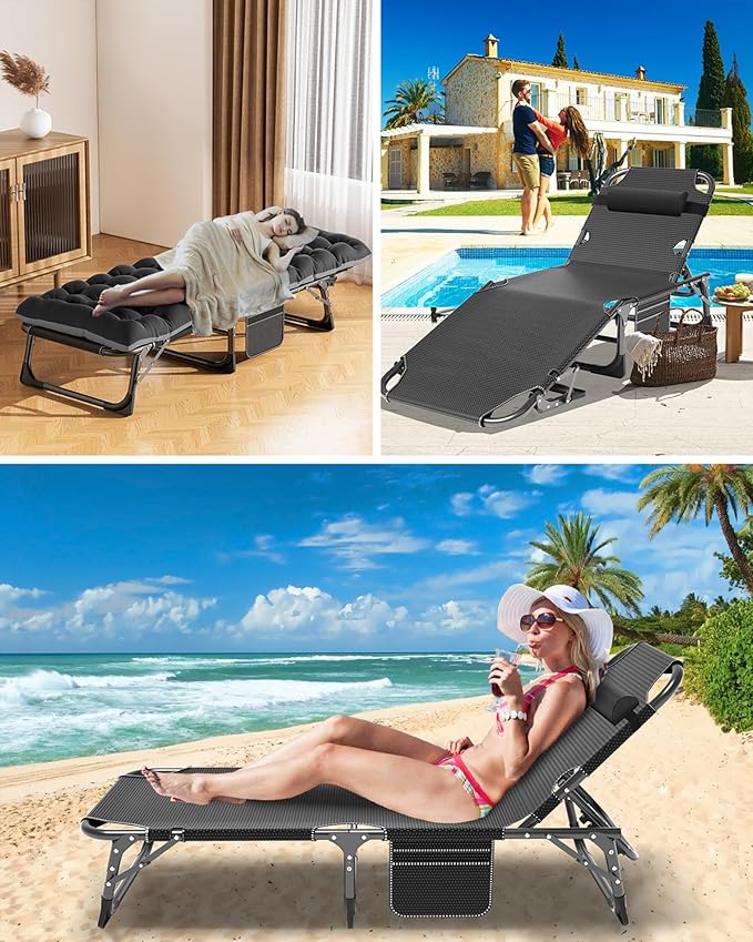 ABORON Patio Lounge Chair, Folding Guest Bed Cot for Adults, 500LB Heavy-Duty Capacity, Portable Extra Bed with Comfort Mat, Quick Fold Design for Indoor Guest Stays & Temporary Use