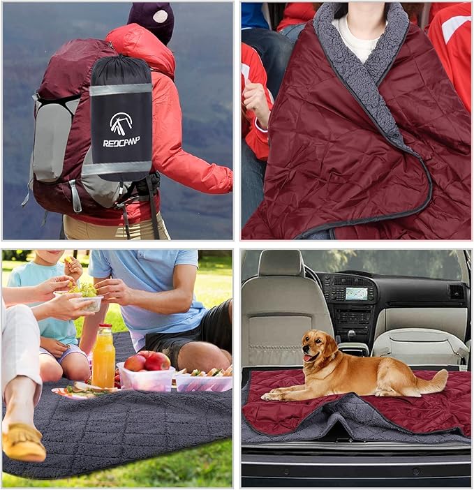 REDCAMP 79"x79" Winter Outdoor Blanket with Sherpa Lining, Waterproof & Windproof Cold Weather Blankets, Extra Thick Warm Blanket for Camping Stadium Car Dog, Machine Washable Portable Red