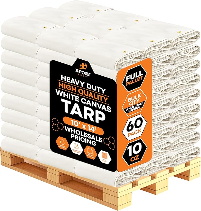 Xpose Safety 10oz White Canvas Tarps 10' x 14' – Bulk Full Pallet (60 Packs) – Multipurpose Heavy Duty Water-Resistant Tarpaulin with Brass Grommets for Camping, Canopy & Equipment Protection