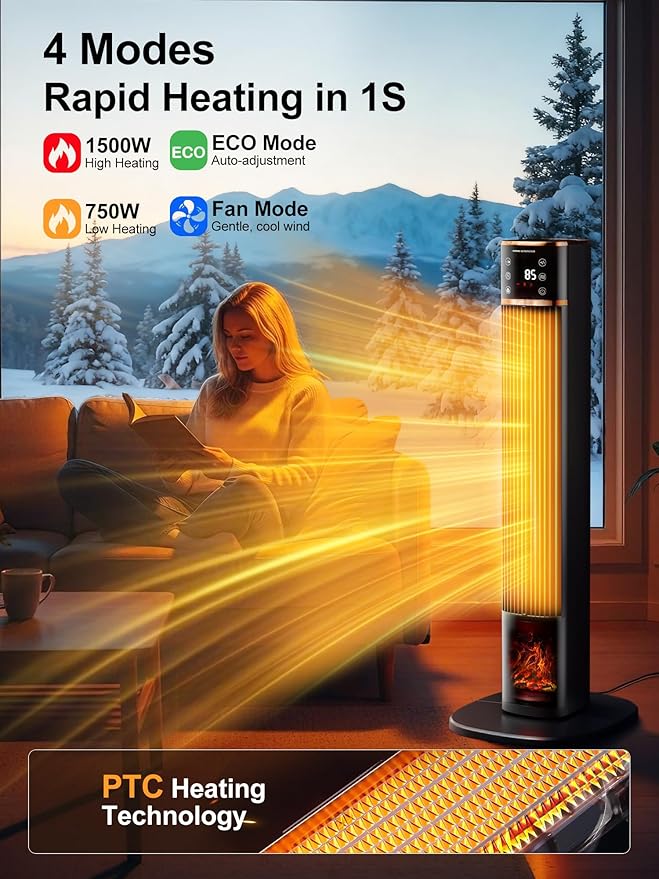 Uthfy Space Heater for indoor use, Large Room Heater with 3D Flame Effect, 1500W Portable Electric Heater with ECO, 90° Oscillating, Remote, PTC Ceramic Heaters for Bedroom, Office, Home