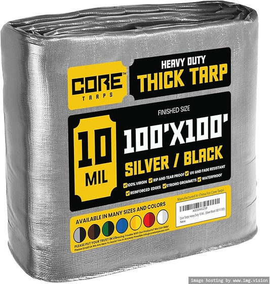 Core Tarps Heavy Duty 10 Mil Tarp Cover, Waterproof, UV Resistant, Rip and Tear Proof, Poly Tarpaulin with Reinforced Edges for Roof, Camping, Patio, Pool, Boat (Silver/Black 100′ X 100′)
