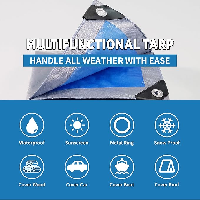 TARPAL Tarp 8x10 Feet Waterproof Small tarps 7.5mil Multipurpose Protective for Outdoors,UV Protection,Rip and Tear Proof,Poly Tarpaulin(Silver/Blue)