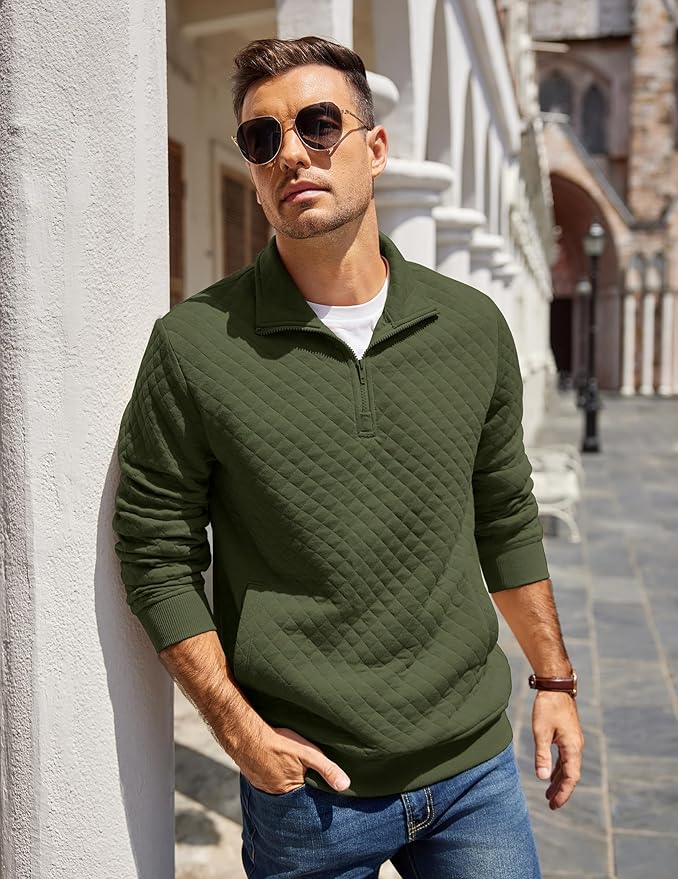 COOFANDY Mens Quarter Zip Pullover Quilted Sweatshirt Knit Long Sleeve Mock Neck Sweater Polo with Pocket