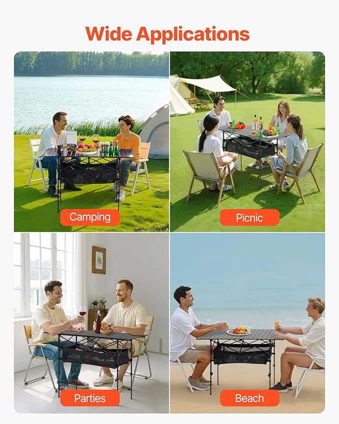 VEVOR Folding Camping Table, Portable Roll Up Side Tables, Lightweight Aluminum Beach Table for Outdoor BBQ Tailgating Picnic, Travel (47 inch-Black)