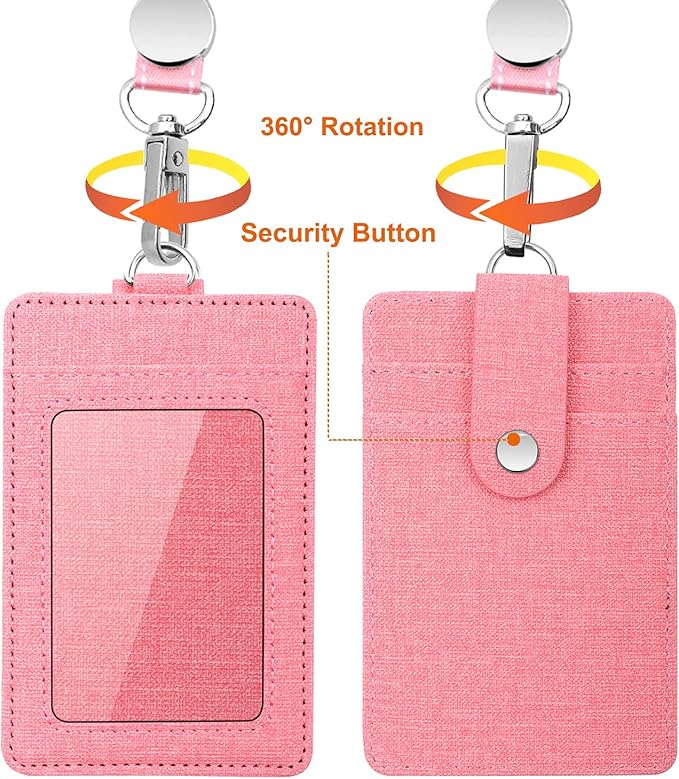 Life-Mate Badge Holder - Leather ID Badge Card Holder Wallet Case with 3 Cards Slot and Neck Lanyard/Strap. Additional Retractable Badge Reel with Belt Clip (Pink)
