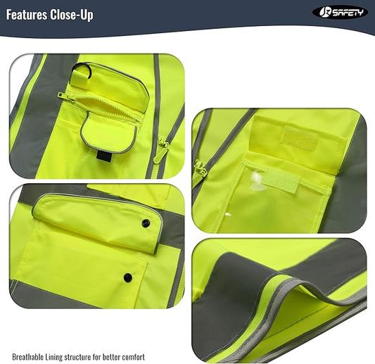 JKSafety 9 Pockets Class 2 High Visibility Zipper Front Safety Vest With Reflective Strips,Meets ANSI/ISEA Standards (5X-Large, 150-Yellow)