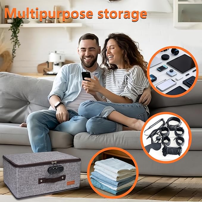 Locking Adult Game Toy Storage Organizer Lock Box Toy Storage Bins Game Toys Storage Bags with 2 Drawstring Bags, Large capacity 14 x 10 x 6.3 Inches (Gray with lock slot)