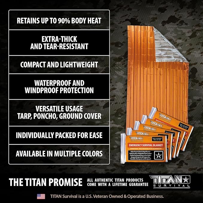 TITAN Survival - Mylar Survival Blankets 5 Pack - 90% Heat Retention & Waterproof Design - Emergency Blanket Cold Weather Protection & Survival Kits - Durable Space Blanket for Outdoor Use