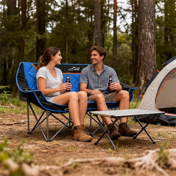 FAIR WIND Oversized Fully Padded Camping Chair Folding Loveseat Camping Couch Double Duo Chair Heavy Duty Quad Fold Arm Chair with Cup Hold - Supports 650 LBS Blue