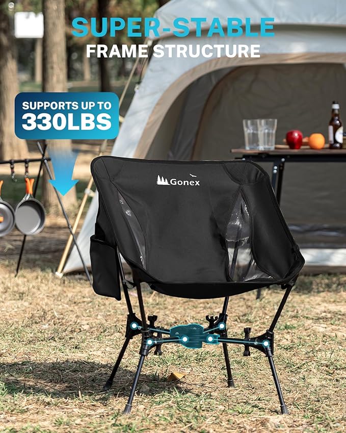 Gonex Portable Camping Chair, The 5th Gen Ultralight Compact Backpacking Foldable Lightweight Folding Chair for Outdoor Camp Hiking Beach Picnic Concert, Supports 330lbs (Black, 1 PCS)