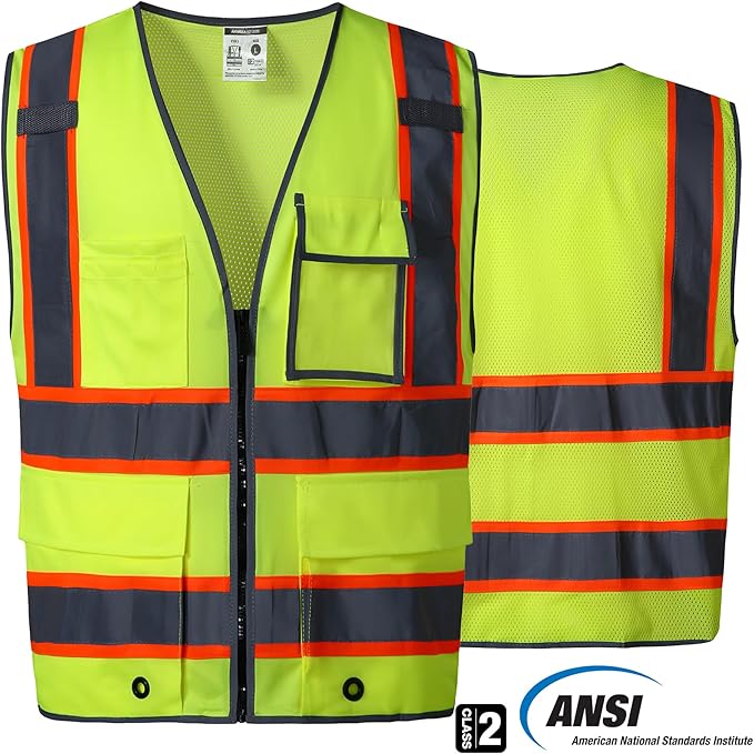 SKSAFETY 10 Pockets Safety Vest, Class 2 High Visibility Security with Zipper Back Mesh, Hi Vis Vest with Reflective Strips, ANSI/ISEA Standard, Construction Work Vest for Men ＆ Women （Lime, 4XL）