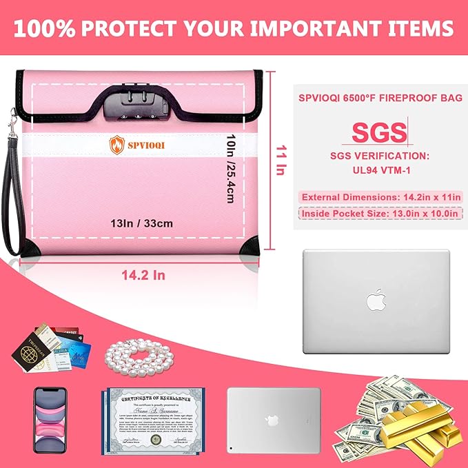 SPVIOQI 6500°F Upgraded Fireproof Document Bag with Lock, Fireproof Money Bag for Cash w. Zipper/Reflective Strip, 10Layers of Heat Insulated Materials, Water Resistant Fireproof Bag for Documents