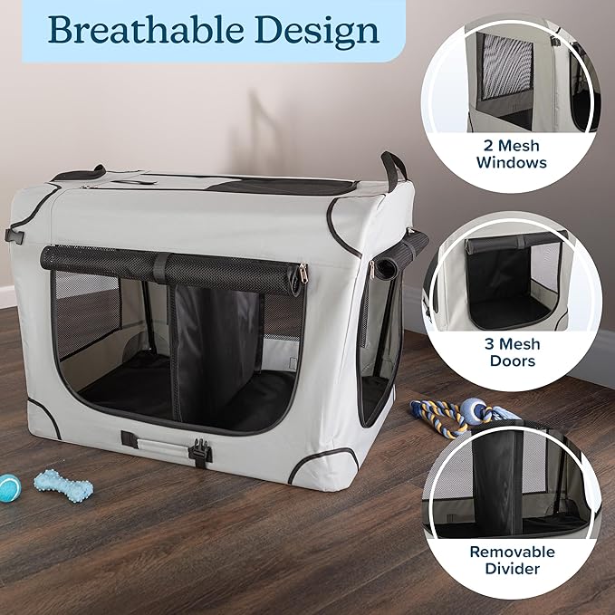 Soft Dog Crate - 32x23.25x23 Collapsible Dog Crate for Medium Pets - Portable Travel Pet Crate with 3 Doors, Mesh Windows, and Removable Divider - Travel Accessories by PETMAKER (Gray)