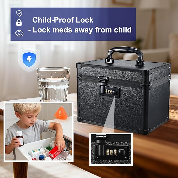 Lockable Security Storage Box - Shiny Black Safe Combination Lock Box, Cabinet Med Organizer, 10 x 7 x 9 Inches Safe Case for Documents, Valuables, Medicine & Money
