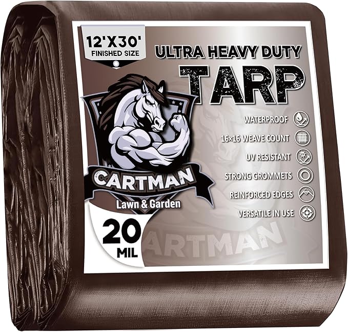 CARTMAN Finished Size 12x30 Feet Extra Thick 20 Mil Brown Ultra Heavy Duty Poly Tarp, Multipurpose Protective Cover, UV Resistant, Waterproof Poly Tarpaulin with Reinforced Edges