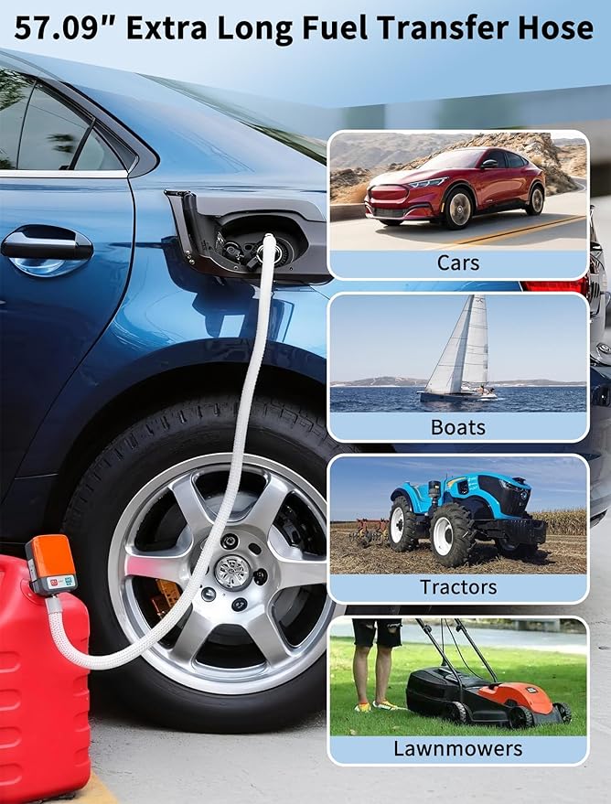 Fuel Transfer Pump, Auto-Stop, Battery or USB Powered, 3.2 GPM Fast Gas Transfer Pump, 57.09" Long Gasoline Hose, 4 Gas Can Adapters, Portable Fuel Pump for Diesel & Oil, No-leak (Orange)