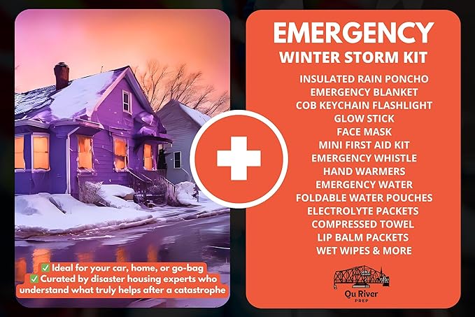 Winter Storm Emergency Kit with COB Keychain Light, 15 Essential Items (30 Pieces Total) with Rain Poncho, Blanket, First Aid, Emergency Water