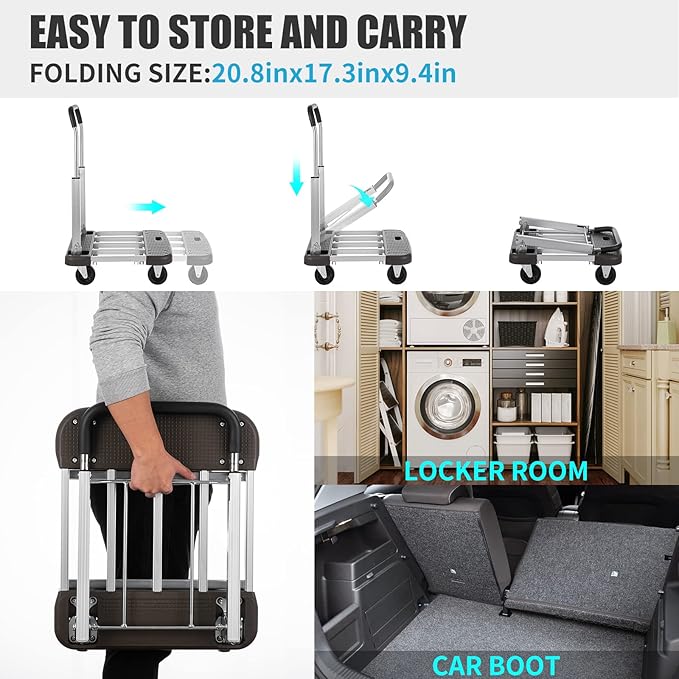 Foldable Platform Cart 29" x 17" x 35" Aluminum Platform Truck 330lbs Capacity Folding Push Cart Adjustable Heavy Duty Platform Cart Dolly for Car House Office Luggage Moving