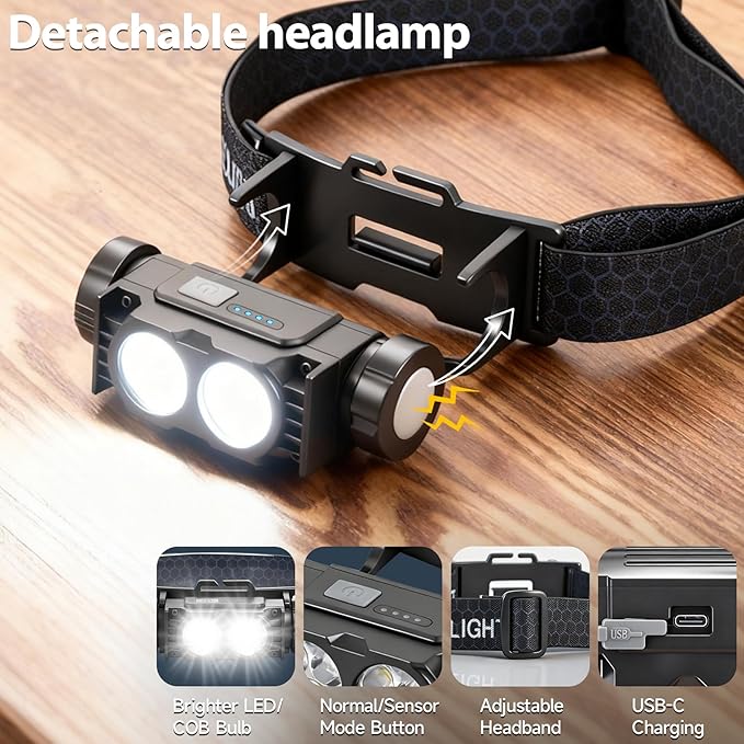 Bud K 12pack Headlamp Rechargeable, 5000L Super Bright Light LED Rechargeable Headlight, 3 Modes, Detachable Flashlight & Waterproof Head Lamp for Adult, Running, Outdoor, Emergency, Hard Hat Light