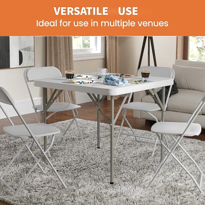 34" Square Folding Table, Portable Folding Card Table with Collapsible Legs & Carrying Handle, Plastic Tables for Camping,Picnic, Office, Party, White
