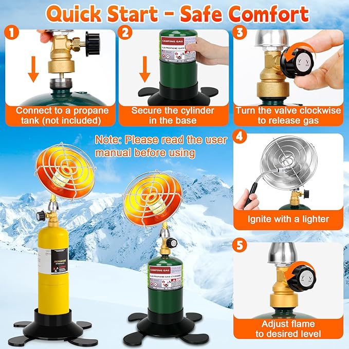 Portable Propane Heater for Camping, Outdoor Small Space Patio Heater with Control Valve, Radiant Cordless Garage Tent Heaters with Foldable Gas Tank Holder for Hiking Ice Fishing Hunting Backyard