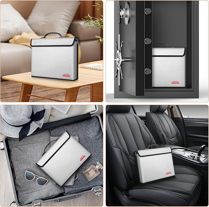 Hontom Fireproof Document Bag with 2 Pockets, 6400℉ Upgraded Material Fireproof Money Bag with Lid, Travel Home Fire Safe Storage Cash Pouch for Important Documents, Silver