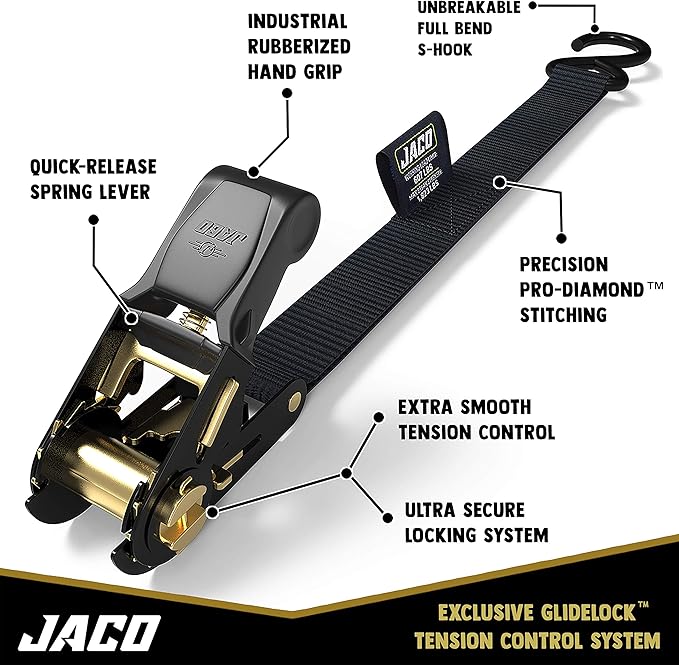 JACO Ratchet Tie Down Straps - 1 inch x 15 ft (Pack of 4) | 1,823 lbs (Black)