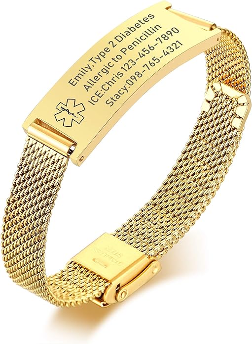 VNOX Medical Alert Bracelets for Men & Women Kids with Free Engraving Adjustable Stainless Steel Mesh Emergency Medical ID Bracelets Wristband