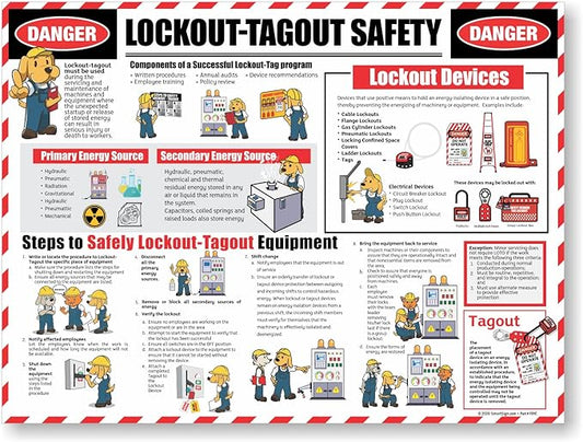 SmartSign 18 x 24 inch Lockout/Tagout Safety Wall Sign/Poster “Danger - Lockout/Tagout Safety, Components, Steps” 14 mil Reinforced PVC Fabric, Adhesive Backing, Pebbled Texture, Multicolor, USA-Made