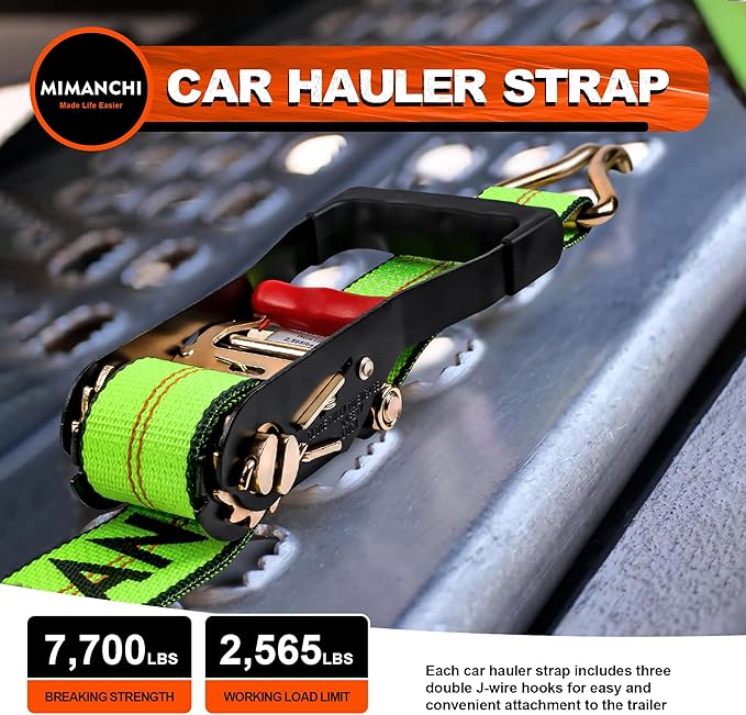 Car Tie Down with Double J Hooks, 2" x 10' - 4PCS, Heavy Duty Tire Ratchet Straps for a Car Trailers with Rubber Blocks Wheel Tie Down Straps, Secure Car Hauler, Truck, SUV