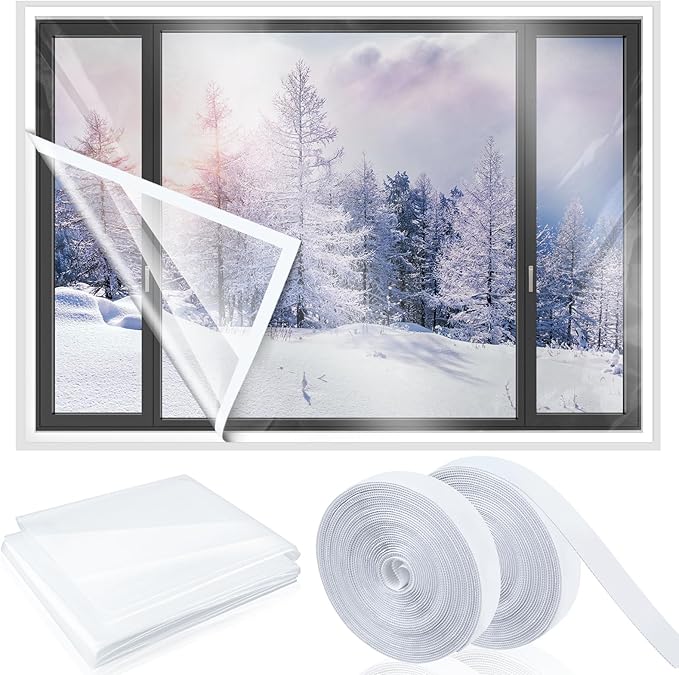 75 x 79 Inch Window Insulation Kit Cuttable Transparent Film with Adhesive Straps Reusable Window Plastic for Winterizing Thicken Thermal Waterproof Attic Insulation Cover Warm Winter