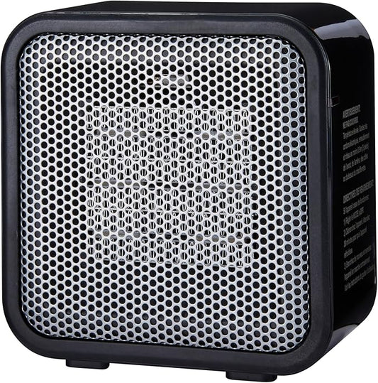 Amazon Basics Ceramic Space Heater, Mini Heater for Office Desk, Portable Tent Heater (Indoor Use), 500 W, With Tip-Over Protection, Lightweight (1.4 LBS), Black, 5.87”D x 3.15”W x 5.95”H