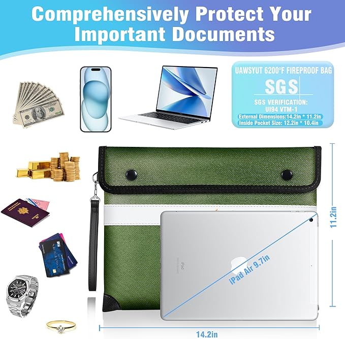 Fireproof Document Bag - 6200°F Heat Insulated, Small Important Document Bags with Zipper, Water Resistant Money Bag for Cash, Cell Phone, Tablet, Credit Card,Passport (13.9"x10.6", Green)