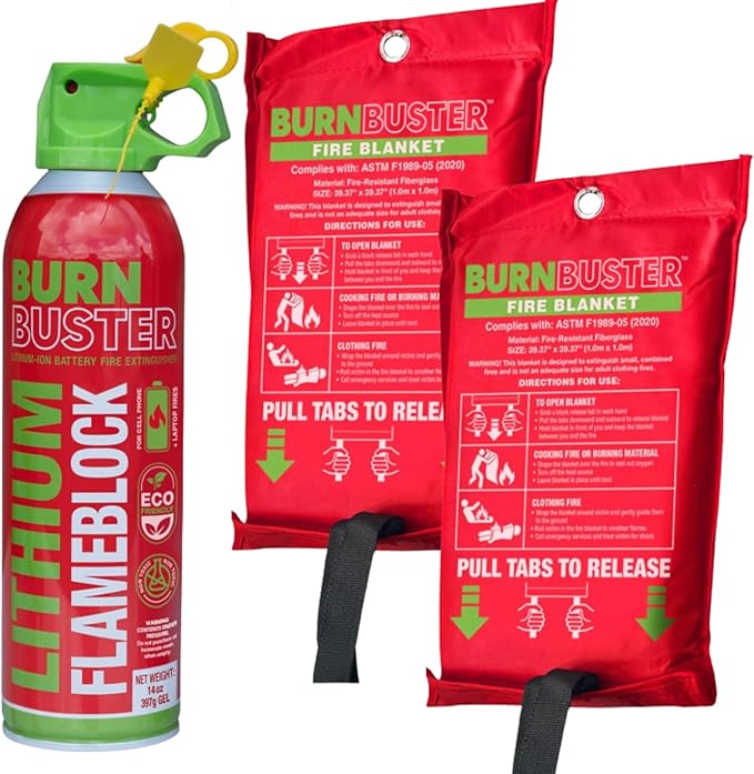 2-Pack Emergency Fire Blankets and Lithium-Ion Fire Suppression Gel - for Home, Kitchen, Grill, Camping, Car & More