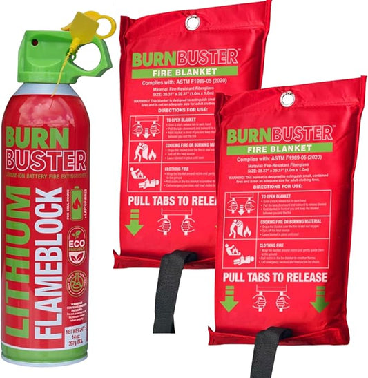 2-Pack Emergency Fire Blankets and Lithium-Ion Fire Suppression Gel - for Home, Kitchen, Grill, Camping, Car & More