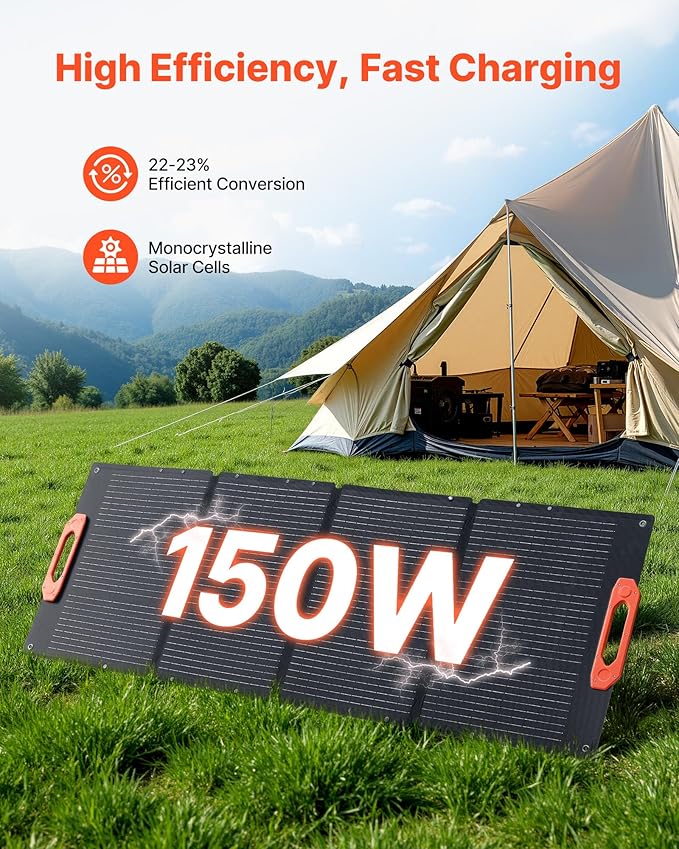 VEVOR 150W Foldable Monocrystalline Solar Panel, 23% Efficiency Portable ETFE Mono Solar Panel Charger with MC4 Output, Type-C, QC3.0 USB & DC Ports, IP67 Waterproof for Power Stations Camping Hiking
