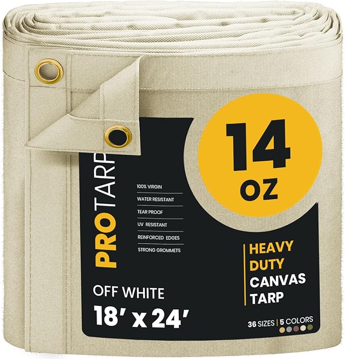 PROTARP Heavy Duty 14 OZ Water Resistant Canvas Tarp, UV Resistant Tarpaulin Cover with Rustproof Brass Grommets, Multipurpose for Canopy, Roof, Camping, Woodpile (Off White 18'X24')
