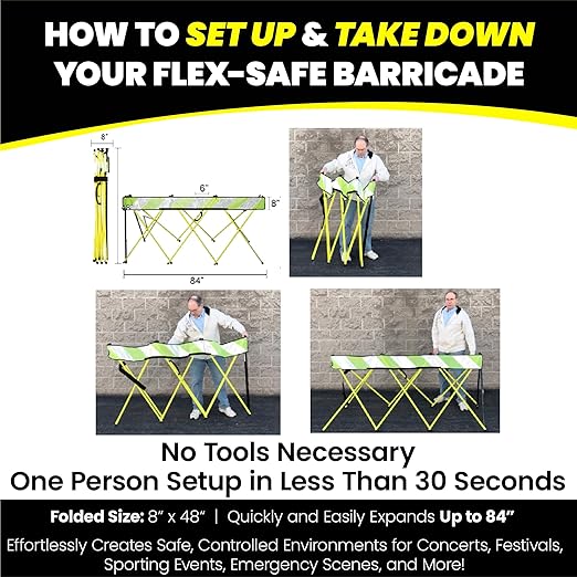 Flex-Safe Safety Barriers, Portable Expandable Barricade 7 ft Traffic Barricade Parking Barrier Folding Security Gate Scissor Gate Traffic Cones Alternative High Vis Yellow