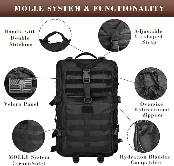 40L Military Tactical Backpack for Men, Tactical Laptop Backpack with Molle Waterproof, Army 3 Days Assault Pack & Bug Out Bag for Hiking (09-Black)