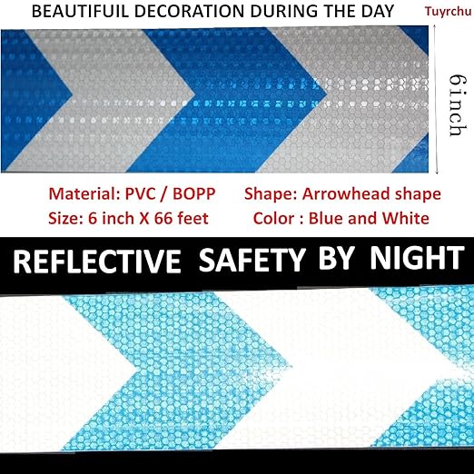 Reflective Tape Blue White 6 inch Wide for Bikes, Outdoor Waterproof High Visibility Safety Warning Adhesive Strips (66 feet)