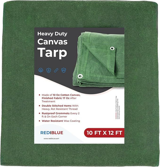REDIBLUE 10 x 12 ft Heavy Duty Canvas Tarp, Multi Purpose Use for Camping, Tent Canopy, Outdoor, Rustproof Grommets, Durable, Water Resistant, Cotton 17oz - Olive Drab